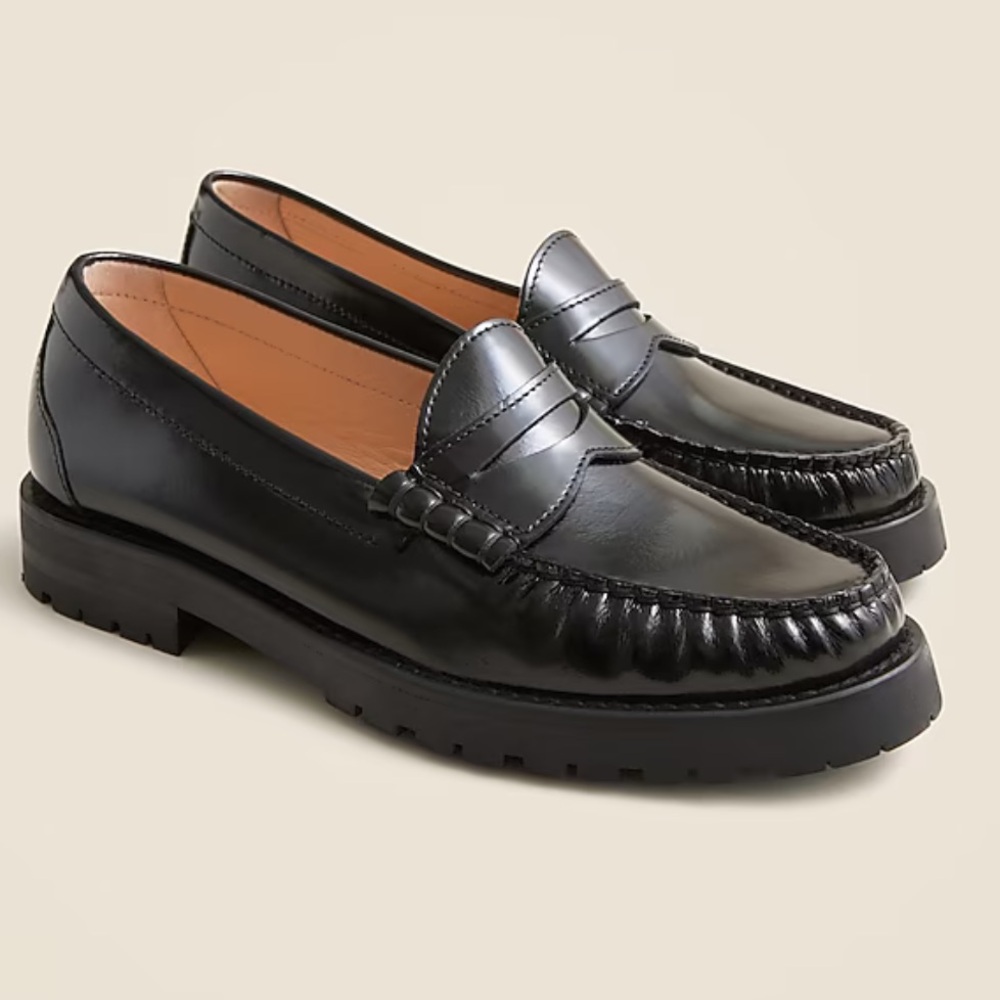 J Crew Black lug-sole penny loafers in Italian spazzolato leather